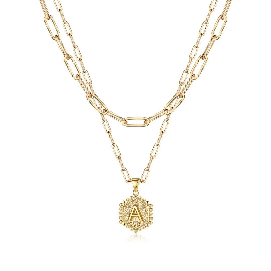 M MOOHAM Dainty Initial Necklaces for Women, 14K-Gold-Plated Layering Necklace for Women Cute Hexagon Letter Initial Necklace Layered Necklaces for Womens Teen Girl Gifts - Product Image