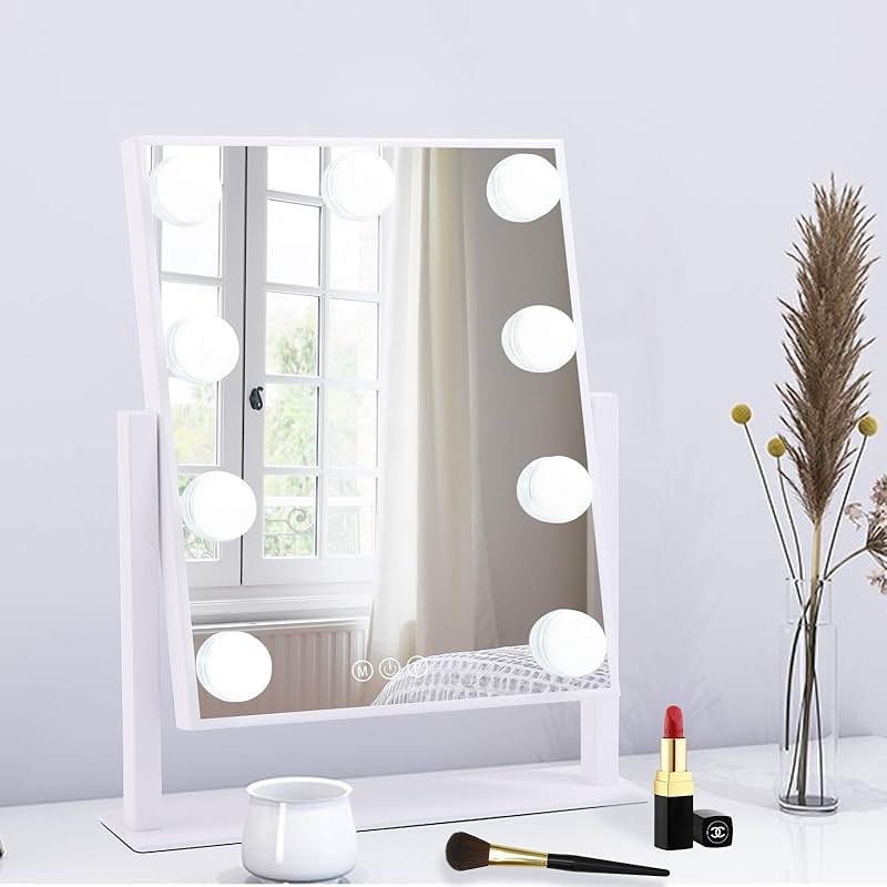 BWLLNI Lighted Makeup Mirror Hollywood Mirror Vanity Mirror with Lights, Touch Control Design 3 Colors Dimable LED Bulbs, Detachable 10X Magnification, 360°Rotation, (White) 12" L x 14" W - Product Image