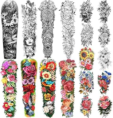 Temporary Tattoo Full Arm 8 Sheets and Half Arm Shoulder Waterproof Fake Tattoos 10 Sheets, Extra Large LastingTattoo Stickers for Girls or Women - Product Image