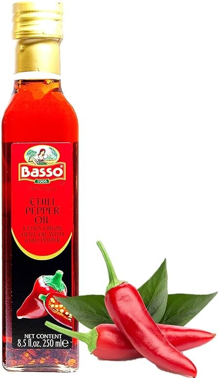 BASSO 1904 - Spicy Chili Oil, Infused Premium Olive Oil, 8.5 Fl Oz (250 ml) | Hot Chili Infused with Extra Virgin Olive Oil for Drizzle, Cooking, Dipping, Dressing and Tasting, Product of Italy - Product Image