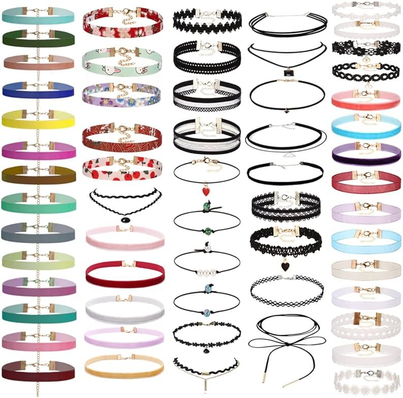 K&Q 60 PCS Choker Necklace, Classic Stretch Colorful Gothic Collar Tattoo Necklace AndBlack Layered Cute Lace Velvet Choker Necklace Set for teenagers and Women - Product Image