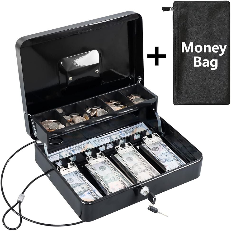 KYODOLED Cash Box with Key Lock, Anti-Theft Cable & Waterproof Pouch–0.7mm Thick Metal Money Box for Flea Market & Small Business, Portable Cash Drawer with Auto-Pop Coin Tray & Windproof Bill Clips - Product Image