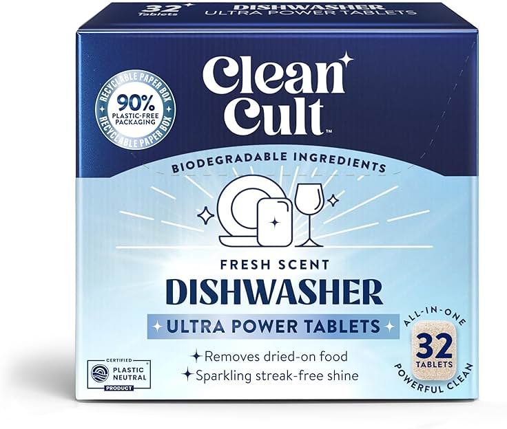 Cleancult Ultra Power Dishwasher Detergent Pods for Sparkling Streak-Free Shine, All-In-One, No Plastic Waste, 32 Count - Product Image