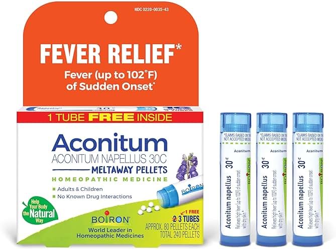 Boiron Aconitum Napellus 30C Homeopathic Medicine Relief from Fever, Hot and Dry Skin, Cough, and Restlessness - 3 Count (240 Pellets) - Product Image