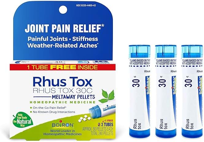 Boiron Rhus Tox 30C Homeopathic Medicine for Relief from Joint Pain, Muscle Aches, Swollen or Stiff Joints, and Weather Related Aches - 3 Count (240 Pellets) - Product Image