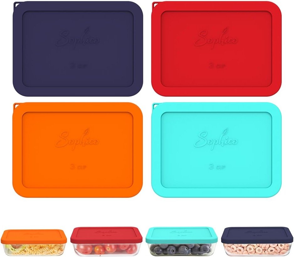 Sophico 3 Cup Rectangle Silicone Storage Cover Lids Replacement for Pyrex 7210-PC Glass Bowls, Container not Included (MIX, 4 Pack) - Product Image