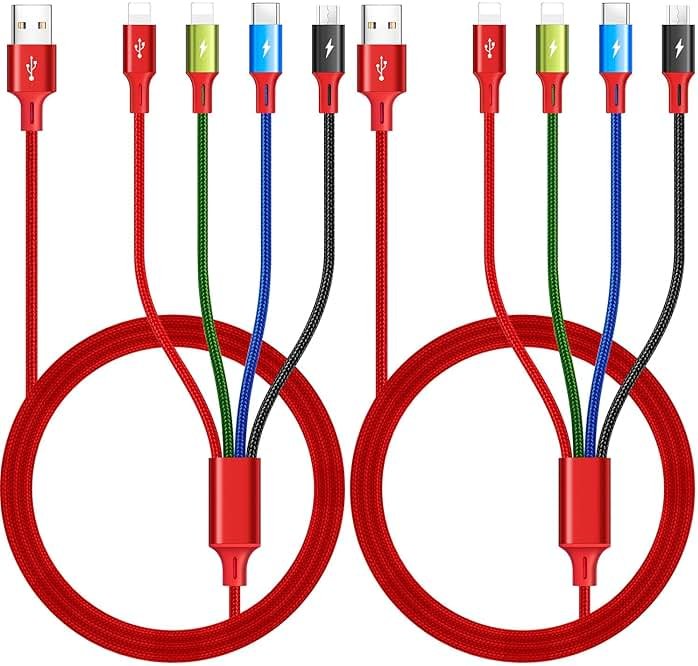 Multi Charging Cable 3.5A, [2Pack 6Ft] 4 in 1 Multiple Charging Cord Braided Multi USB Cable Adapter with Lightning/Type C/Micro Ports for Cell Phones/iPhone Series/Samsung Galaxy/PS/Tablets & More - Product Image