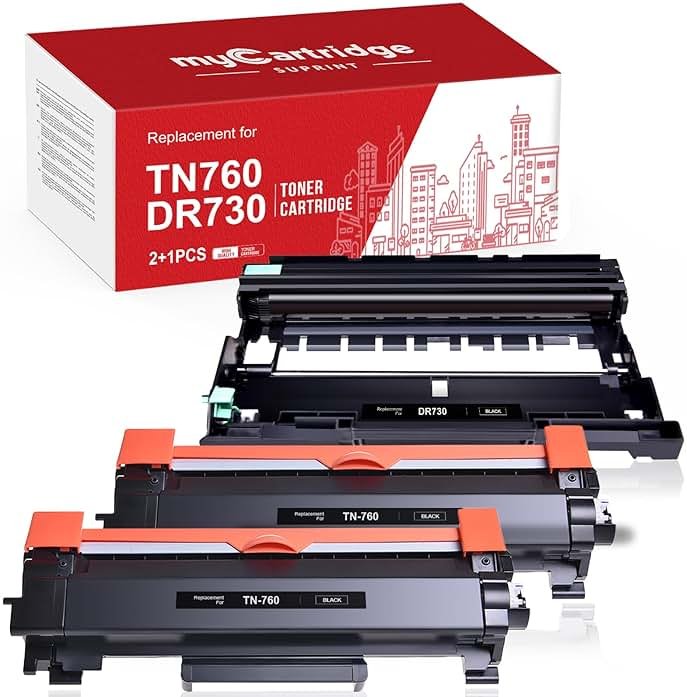 Compatible TN760 Toner Cartridge and DR730 Drum Unit Replacement for Brother TN 760 TN-760 TN730 DR-730 to use with MFC-L2710DW MFC-L2750DW HL-L2370DW Printer (2 Toners 1 Drum, 3 Pack) - Product Image