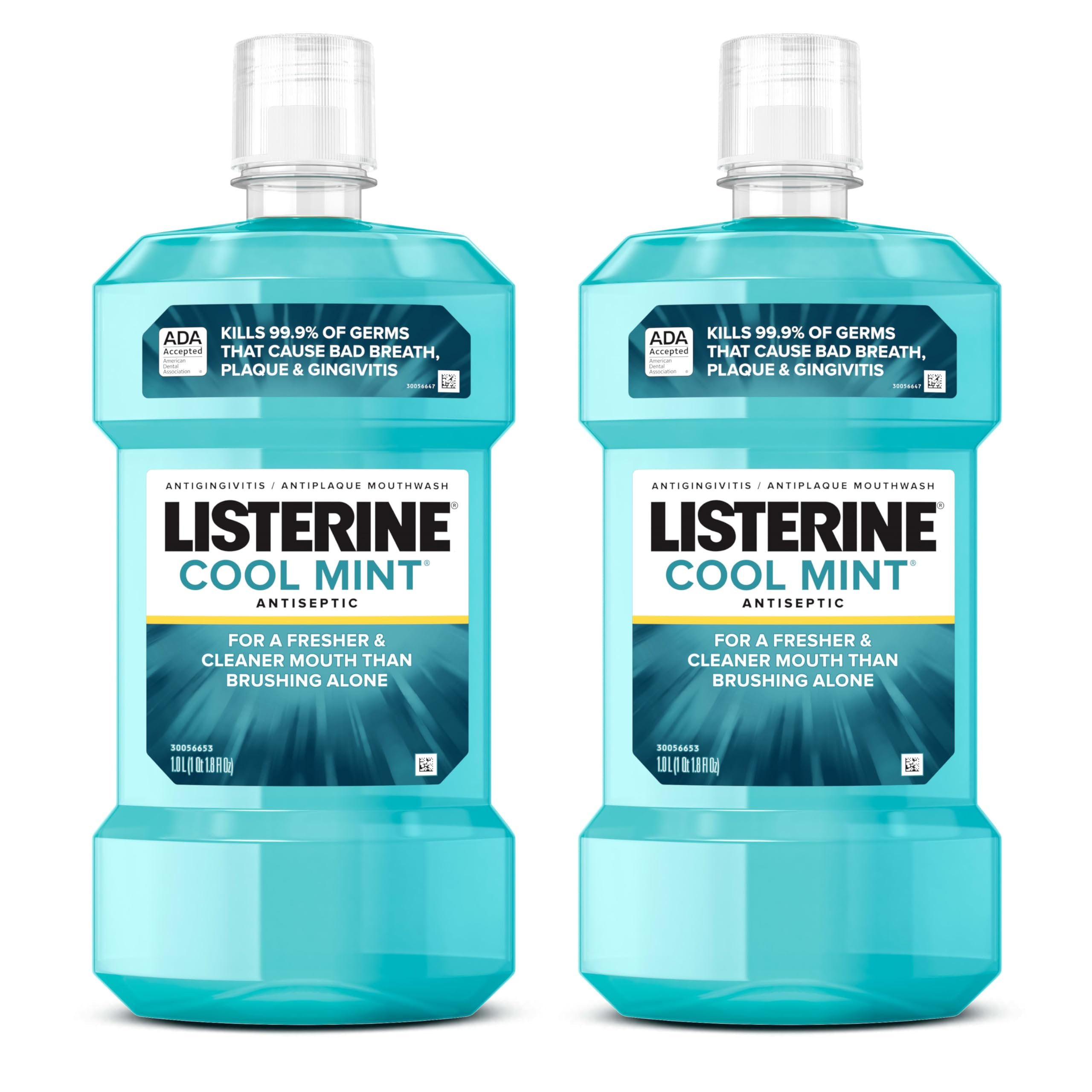 Listerine Mouthwash Cool Mint Antiseptic Treatment for Adults Kills 99.9% of Germs that Cause Bad Breath Plaque Gingivitis in a Daily Intense Mint Mouthwash, 2 Pack of 33.8 fl oz/1 L - Product Image