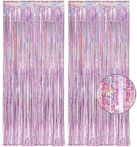 Pink Tinsel Curtain Party Backdrop - GREATRIL Foil Fringe Curtain Lilac Pink Party Streamers for Birthday Girl Themed Party Decorations - 2 Packs - Product Image