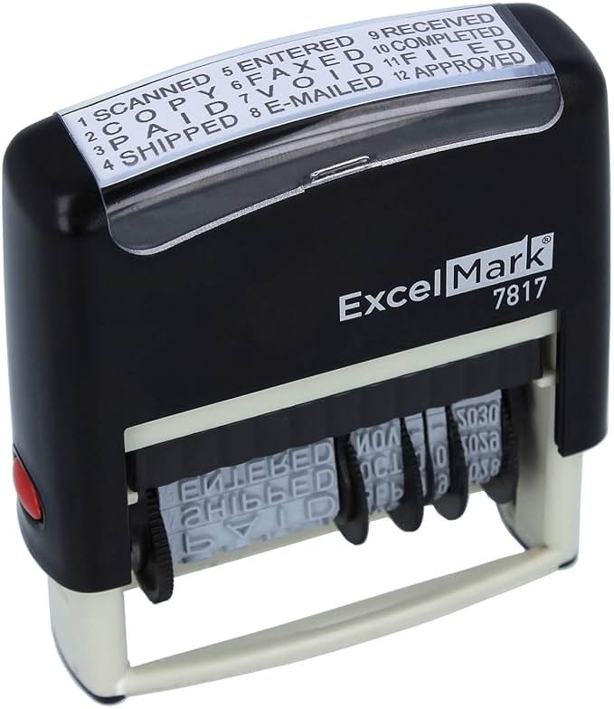 ExcelMark 12 Phrase Self-Inking Date Stamp - 2" x 1/4" Impression - Black Ink (7817) - Product Image