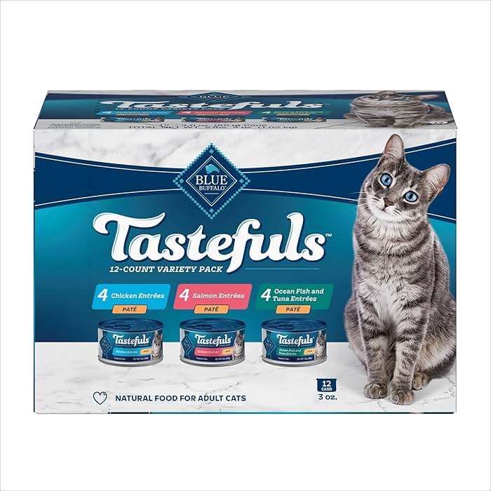 Blue Buffalo Tastefuls Wet Cat Food Paté Variety Pack (Chicken, Salmon, Ocean Fish & Tuna) for Adult Cats, Made with Natural Ingredients, 3-oz. Each (12 Cans) - Product Image