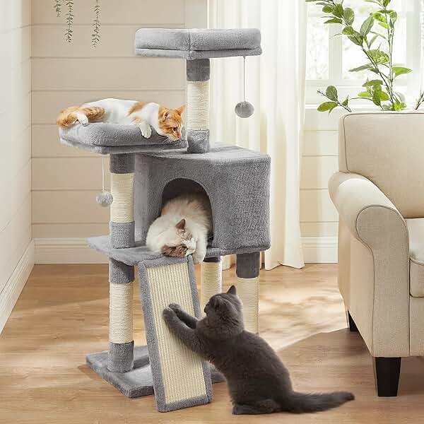 Feandrea Cat Tree, 45.3-Inch Cat Tower, Plush Condo with Scratching Post, Ramp, Perch, Spacious Cave, for Small Space, Light Gray UPCT141W01 - Product Image