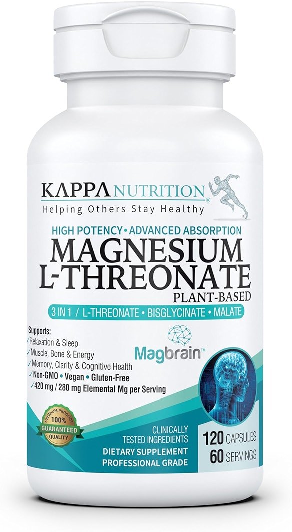 Kappa Nutrition Powered by Magbrain™ Magnesium L-Threonate Plant-Based, 420mg Elemental Magnesium (3 Capsules) from 2,253mg, 120 Vegan Capsules, Brain, Sleep & Muscle Support. - Product Image
