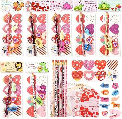 Valentine's Day Gifts for Kids Classroom - 28 Packs Super Value Stationery Kit, Cards, Pencils, Erasers, Pen Sharpeners, Holders, Exchange Party Favors Toys - Product Image