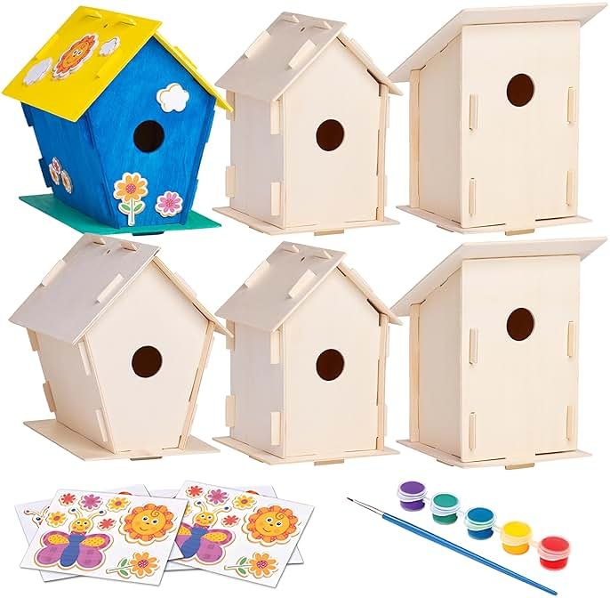 Neliblu DIY 12 Wooden Bird House Kits - Creative Arts and Crafts Set for Kids and Adults - Unfinished Wood Birdhouses with Paint Strips, Brushes, Stickers and Strings - 3 Unique Shapes, 2 Sizes - Product Image
