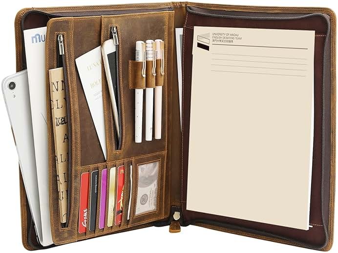 Ringsun Leather Portfolio Organizer with Zipper for Men Women, Leather Padfolio Business Resume Legal Pad Portfolio Notebook Binder for A4/Pad, Brown - Product Image