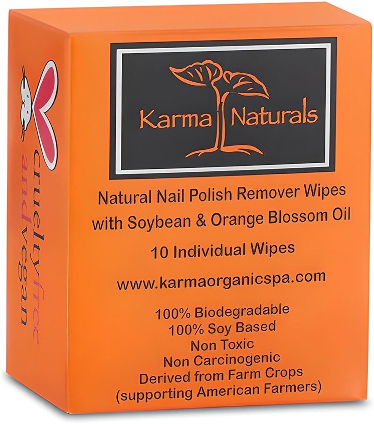 Nail Polish Remover Wipes with Soybean & Orange Blossom Oil - 10 pcs Non-Toxic Nail Polish Remover Wipes - Soy Based Individually Wrapped Pads for Home & Professional Use by Karma Organic - Product Image
