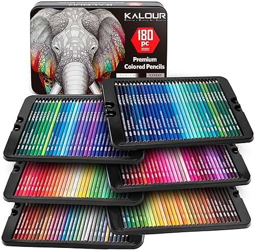 KALOUR 180 Colored Pencil Set for Adults Artists - Rich Pigment Soft Core -12 Metallic Pencil - Ideal for Coloring Drawing Sketching Shading Blending - Vibrant Color（Tin Case） - Product Image