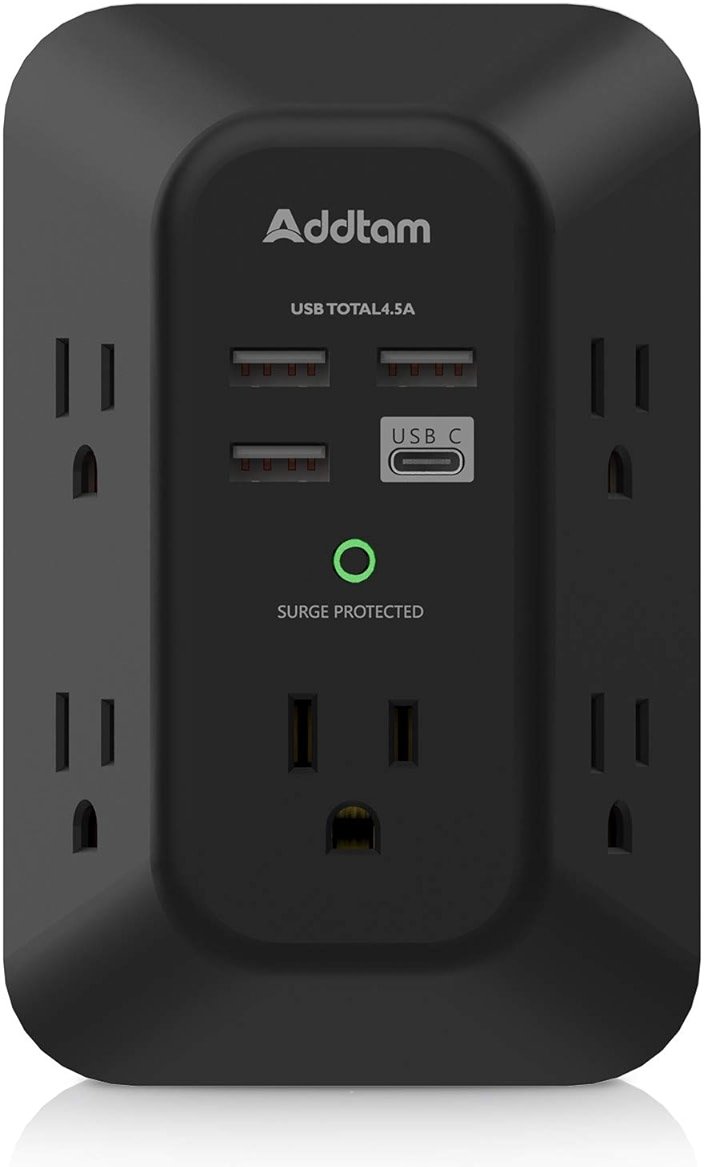 USB Wall Charger Surge Protector - Addtam 5 Outlet Extender with 4 USB Charging Ports (1 USB C), 3-Sided 1800J Power Strip Multi Plug Outlets Adapter Widely Spaced,Black - Product Image