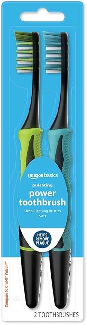 Amazon Basics Soft Electric Toothbrushes for Adults, Pulsating Deep Cleaning, Plaque Removal, Sensitive Gums, Battery Powered, Soft Bristles, 2 Count, Assorted Colors - Product Image