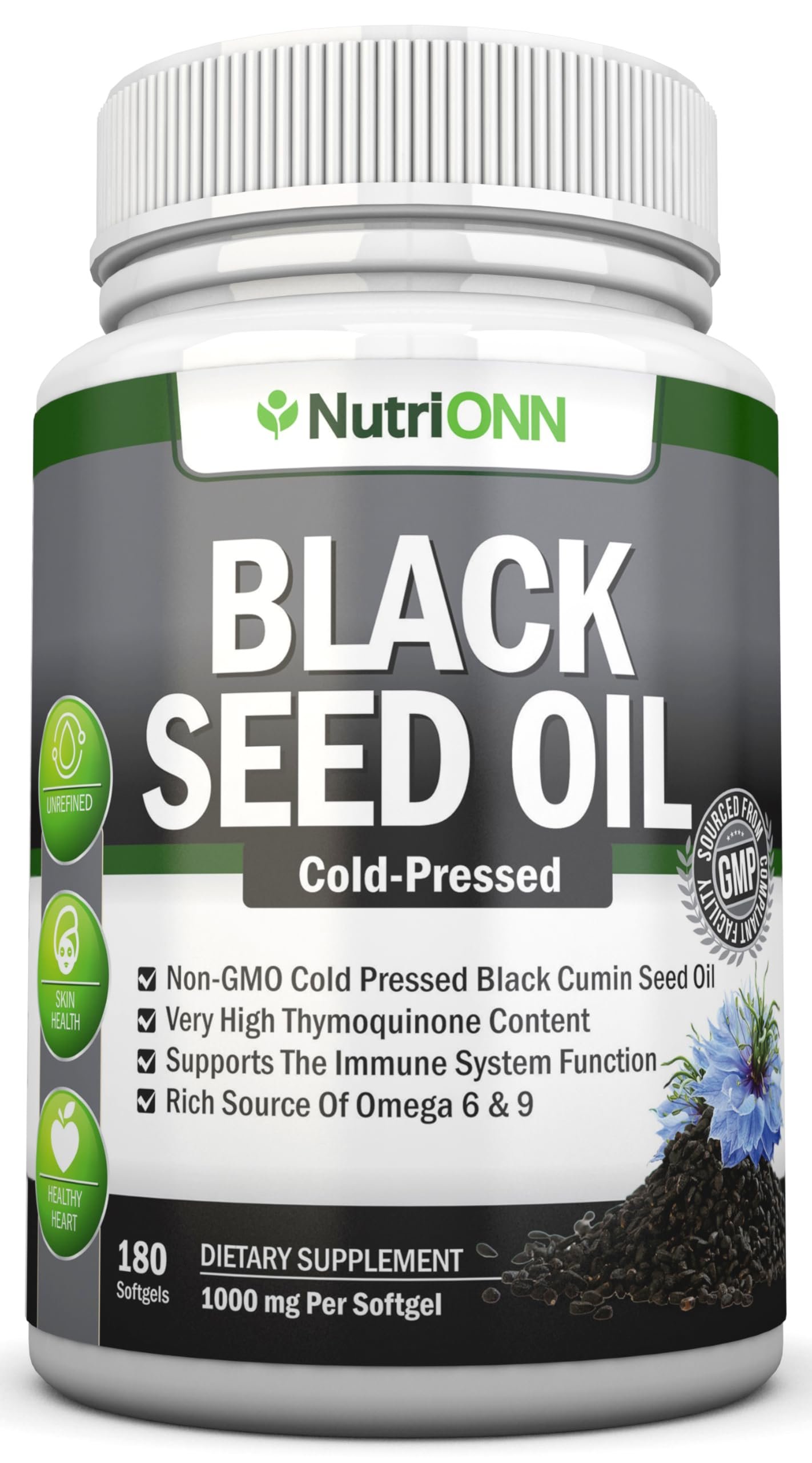 Black Seed Oil - 1000 Mg - 180 Softgels - Cold-Pressed Non-GMO Black Cumin Seed Capsules - Super High Thymoquinone Content - Nigella Sativa - Rich in Omega 6 & 9 Fatty Acids - Immune Health Support - Product Image