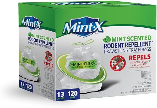 Mint -X Rodent Repellent Indoor Tall Kitchen Drawstring Trash Bags with Mint-Flex Technology; 13 Gallon, 120 Count, White - Product Image