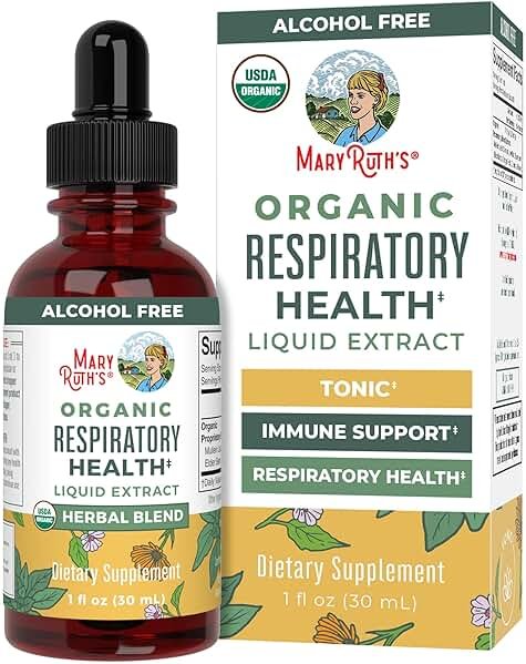 MaryRuth Organics USDA Organic Respiratory Health Liquid Drops with Mullein Leaf | Marshmallow Root & Elderberry | Mullein Drops for Lungs Herbal Blend | Immune Support Supplement | Vegan | 1 Fl Oz - Product Image