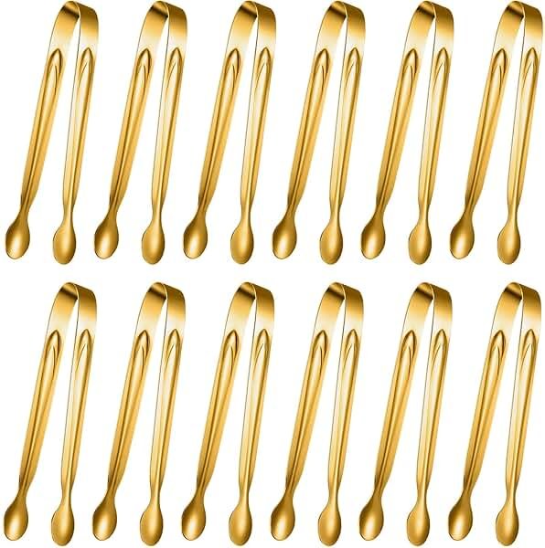 Gejoy 12 Pieces Mini Tongs Stainless Steel Small Sugar Serving Tongs for Charcuterie Board Appetizers Dessert Serving Food Tiny Party Danish Candy(6 Inch,Gold) - Product Image