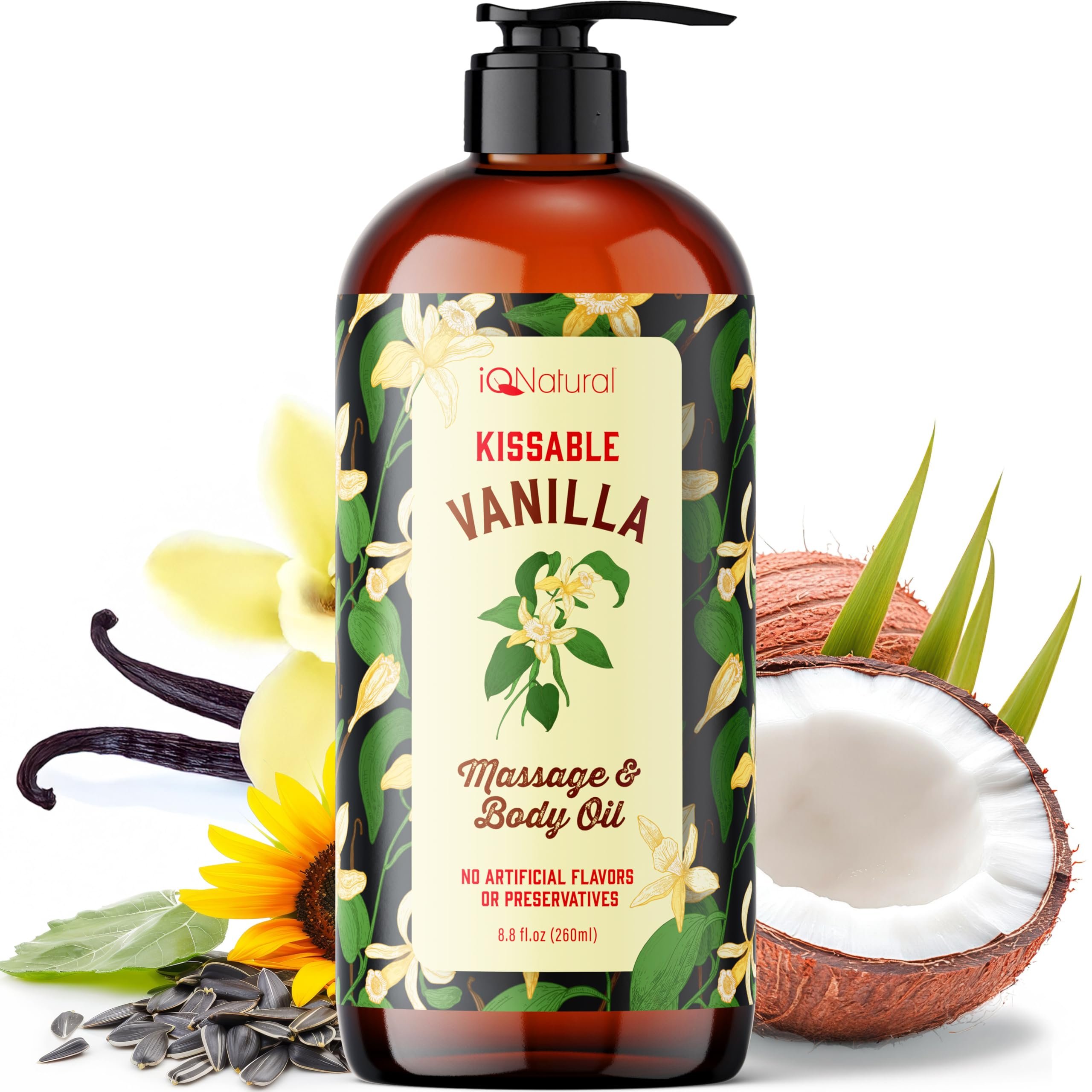 Edible Massage Oil Safe for Genitals - Warming Massage Oil for Date Night, Couples Intimacy - Flavored Edible Body Oil Safe for Private Area, Vanilla 8oz, - Product Image