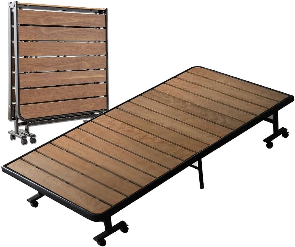 EMOOR Wood Slatted Folding Rollaway Platform Bed SUNOKO-MEHOL Twin for Japanese Futon Mattress (Walnut), Foldable Sleeping Bed Guest Student Dormitory Tatami Mat - Product Image
