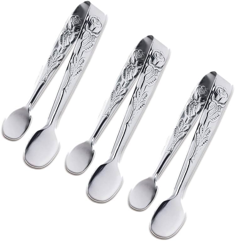 3PCS Mini Serving Tongs, 4Inch Rose Stainless Steel Sugar Cube Tongs, Sliver Small Ice Tong for Tea and Coffee Party, Appetizers, Desserts by Sunenlyst (Silver) - Product Image