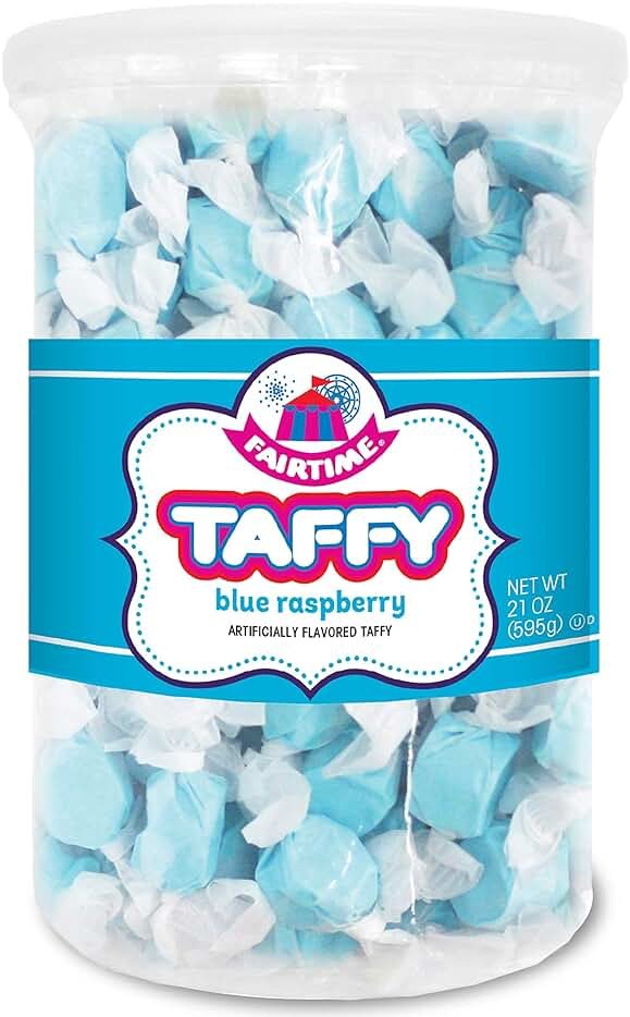 Fairtime Blue Raspberry Taffy, 21 oz Jar - Individually Wrapped Saltwater Taffy for Soft & Chewy Candy Gifts, Wedding Candy Favors for Guests, Buffet, Birthday Parties, Baby Shower Wedding Favors, Candy Bowl or Goodie Bags - Product Image