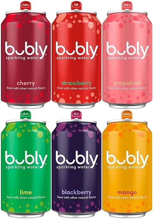 bubly Sparkling Water, 6 Flavor Variety Pack (Blackberry, Lime, Cherry, Grapefruit, Strawberry, Mango), Zero Sugar & Zero Calories, Seltzer Water, 12 Fl Oz Cans (Pack of 18) - Product Image