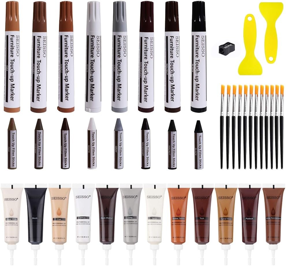 SEISSO Wood Furniture Repair Kit - Set of 42 Hardwood Laminate Vinyl Floor Repair Kit Wood Fillers, Markers and Wax Sticks - Used for Cover Ups Scratches, Stains, Holes for Table, Door, Cabinet - Product Image