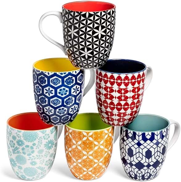 Annovero Large Coffee Mug Set of 6 - Porcelain Cups for Women or Men - Microwave & Dishwasher Safe, Chip Resistant, Zero Lead & Cadmium, for Tea, Cocoa, or Hot Chocolate, 16 Fluid Ounce Capacity - Product Image