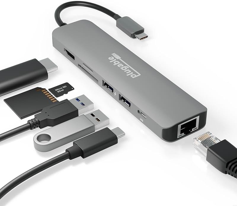 Plugable 7-in-1 USB C Hub Driverless Multiport Adapter with Ethernet, Single 4K60Hz HDMI, 100W Pass-Through Charging, 2X USB 3.0, SD/microSD, for USB-C, USB4, Thunderbolt, Mac, Windows, Chromebook - Product Image