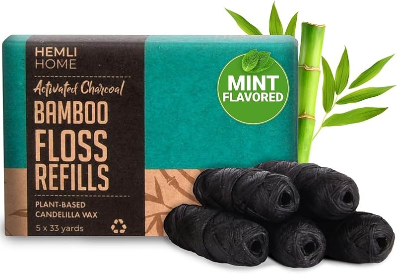 Bamboo Charcoal Dental Floss Refills, Bambo Woven Fibres, 5 x 33 Yards, Organic Refillable Dental Floss, Natural Floss, Eco-Friendly Floss. Plant-Based Candelilla Wax Floss with Natural Mint Flavoring - Product Image
