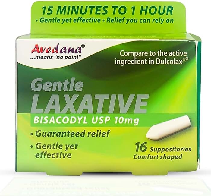 AVEDANA Bisacodyl Laxative Suppository | USP 10mg for Fast, Gentle Constipation Relief | Comfort-Shaped, Pack of 16 Suppositories - Product Image