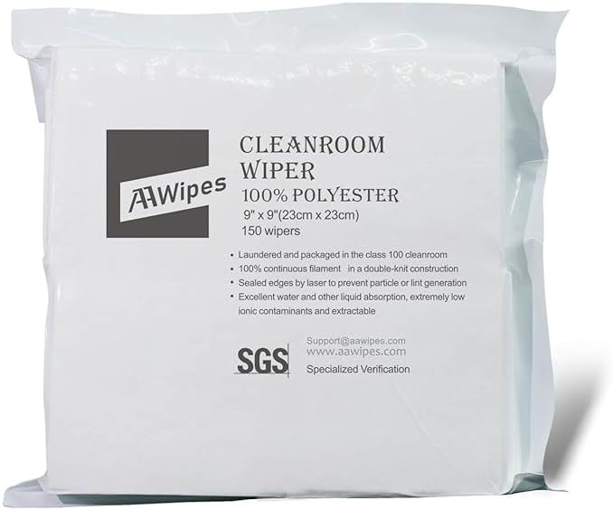 AAWipes Cleanroom Cloth Wipes 9"x9" (Bag of 150 Pcs) Double Knit 100% Polyester Wipers Lint Free Cloths with Ultra-fine Filaments, Laser Sealed Edge, Class 100 Cloths, Ultra-soft Wipes CP14009 - Product Image