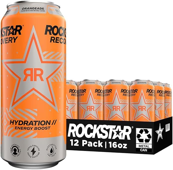 Rockstar Energy Drink with Caffeine Taurine and Electrolytes, Recovery Orange, 16 Fl Oz (Pack of 12) - Product Image