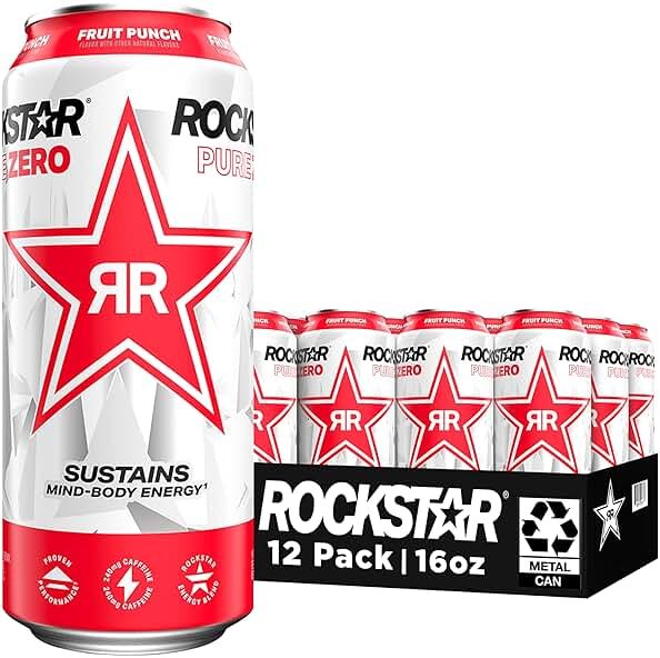 Rockstar Pure Zero Energy Drink, Fruit Punch, 0 Sugar, with Caffeine and Taurine, 16oz Cans (12 Pack) (Packaging May Vary) - Product Image