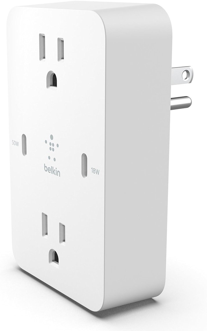 Belkin Multi-Outlet Extender, Fast Charging USB-C Plug Adapter - Safe Charge for MacBook Pro, Chromebook, Apple iPhone 17, Air, 16, 15, 14, Samsung Galaxy S25, Nintendo Switch 2, & More - White - Product Image