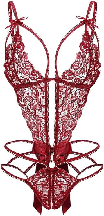 Donnalla Women's Deep V Lace Teddy One Piece Lingerie Cutout Strappy Lingerie - Product Image
