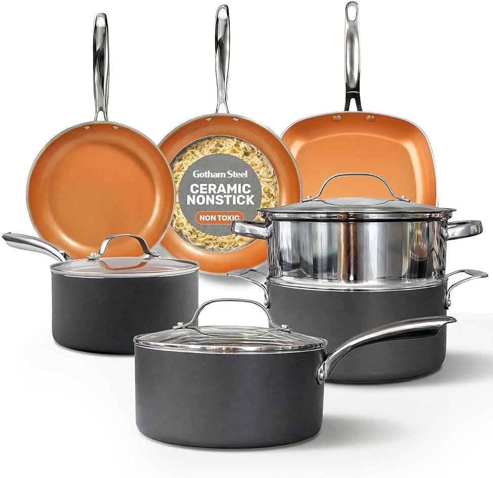 Gotham Steel 12 Pc Ceramic Cookware Set Nonstick, Ceramic Pots and Pans Set Non Stick with Steamer for Cooking, Non Toxic PFOA PFOS Free, Ergonomic Stay Cool Handles, Oven & Dishwasher Safe, Copper - Product Image