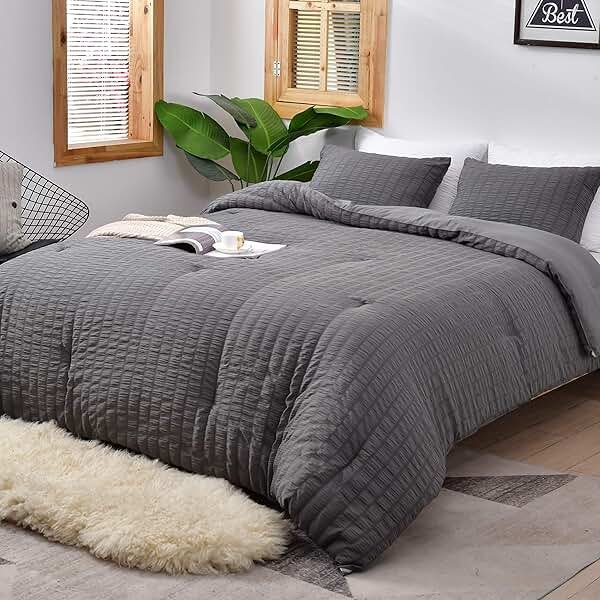 AveLom Seersucker Queen Comforter Set (90x90 inches), 3 Pieces- 100% Soft Washed Microfiber Lightweight Comforter with 2 Pillowcases, All Season Down Alternative Comforter Set for Bedding, Grey - Product Image