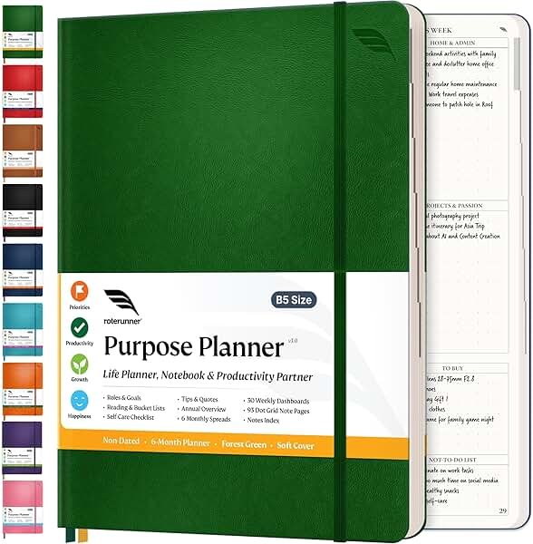 Roterunner Purpose Planner Notebook B5 7.5”x9.8” Undated 2026 Daily Weekly and Monthly Productivity Goal Setting Tool for Work Home ADHD Planner for Adults Self Care Journal - Product Image