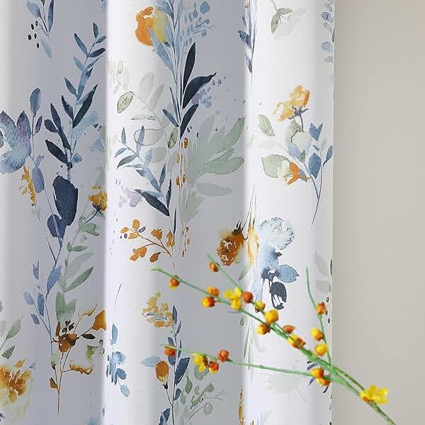 MYSKY HOME Floral Blackout Curtains 63 Inch Long Living Room Bedroom Summer Curtains Thermal Insulated Curtains Room Darkening Curtains Printed Flower Leaf Window Treatments, 2 Panels, Yellow and Blue - Product Image