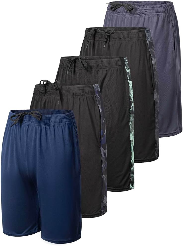 Real Essentials 5 Pack: Boys' Dry Fit Basketball Shorts for Youth Kids Teens - Athletic Running Soccer Sports with Pockets - Product Image