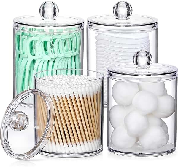 4 Pack Acrylic Qtip Holder Dispenser for Cotton Swabs, Balls, Pads, Floss Picks- Small Clear Acrylic Canister Apothecary Jar Set, Bathroom Essentials Accessories Decor, Vanity Makeup Storage Organizer - Product Image